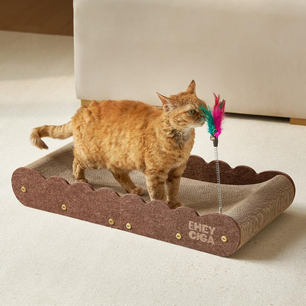 EHEYCIGA 26" Large Cardboard Cat Scratcher Bed with 2 Cat Toys, Brown