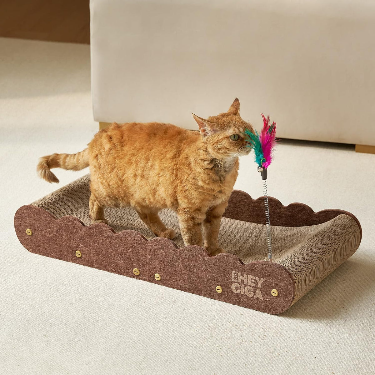 EHEYCIGA 26" Large Cardboard Cat Scratcher Bed with 2 Cat Toys, Brown