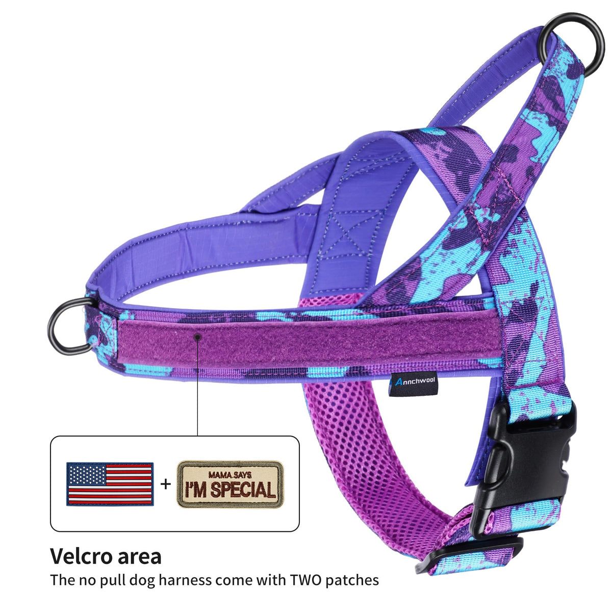 Annchwool No Pull Dog Harness with Padded Handle&Front Clip(CamoPurple,L)