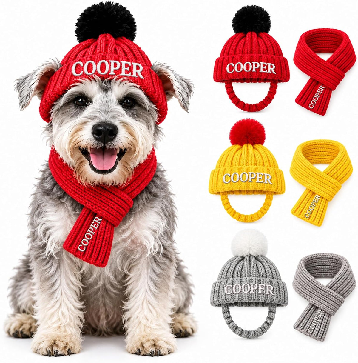 Personalized Dog Beanie with Scarf Set Custom Pet Winter Hat with Ear Holes