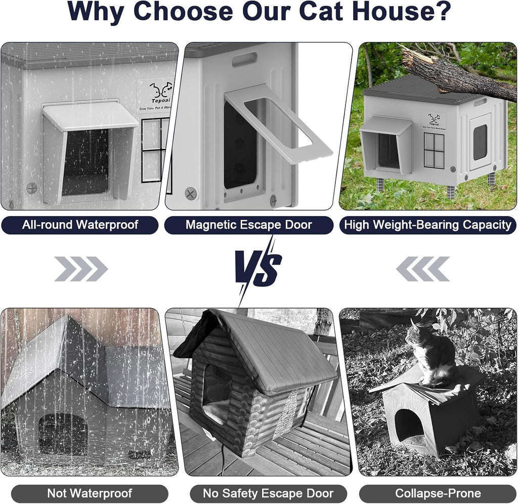 17.7"x17"x17.5" Indestructible Heated Cat House for Outside Winter, Weatherproof Outside Cats Shelter with Safety Escape