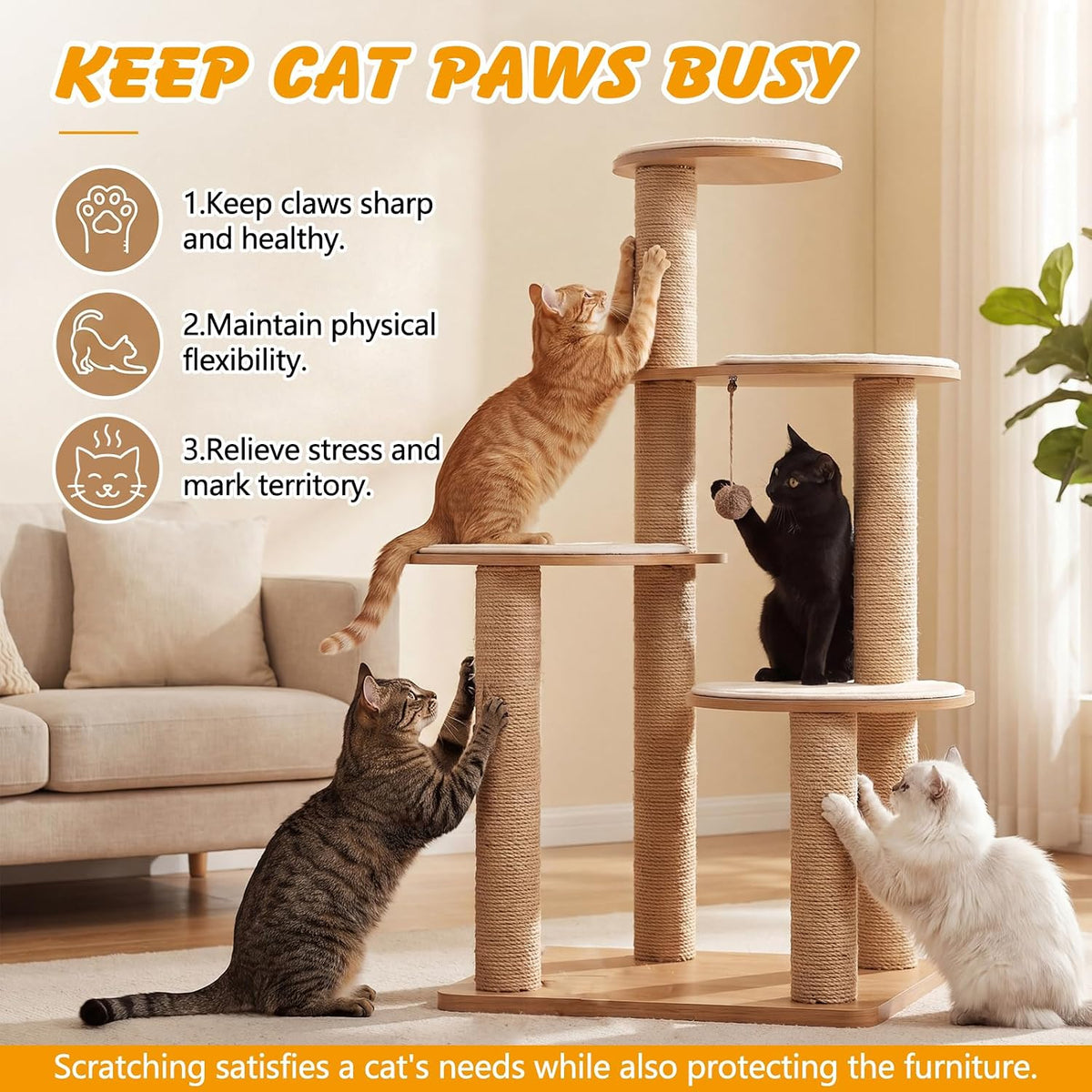 Natural Sisal Rope for Cat Scratcher Post, 5/16" x 60 Ft Twine for Cat Tree