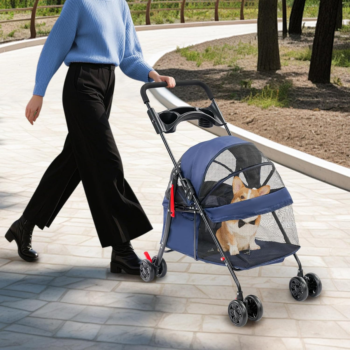 Foldable Pet Cart, Lightweight Travel Pet Stroller with 360°Wheels(Blue)