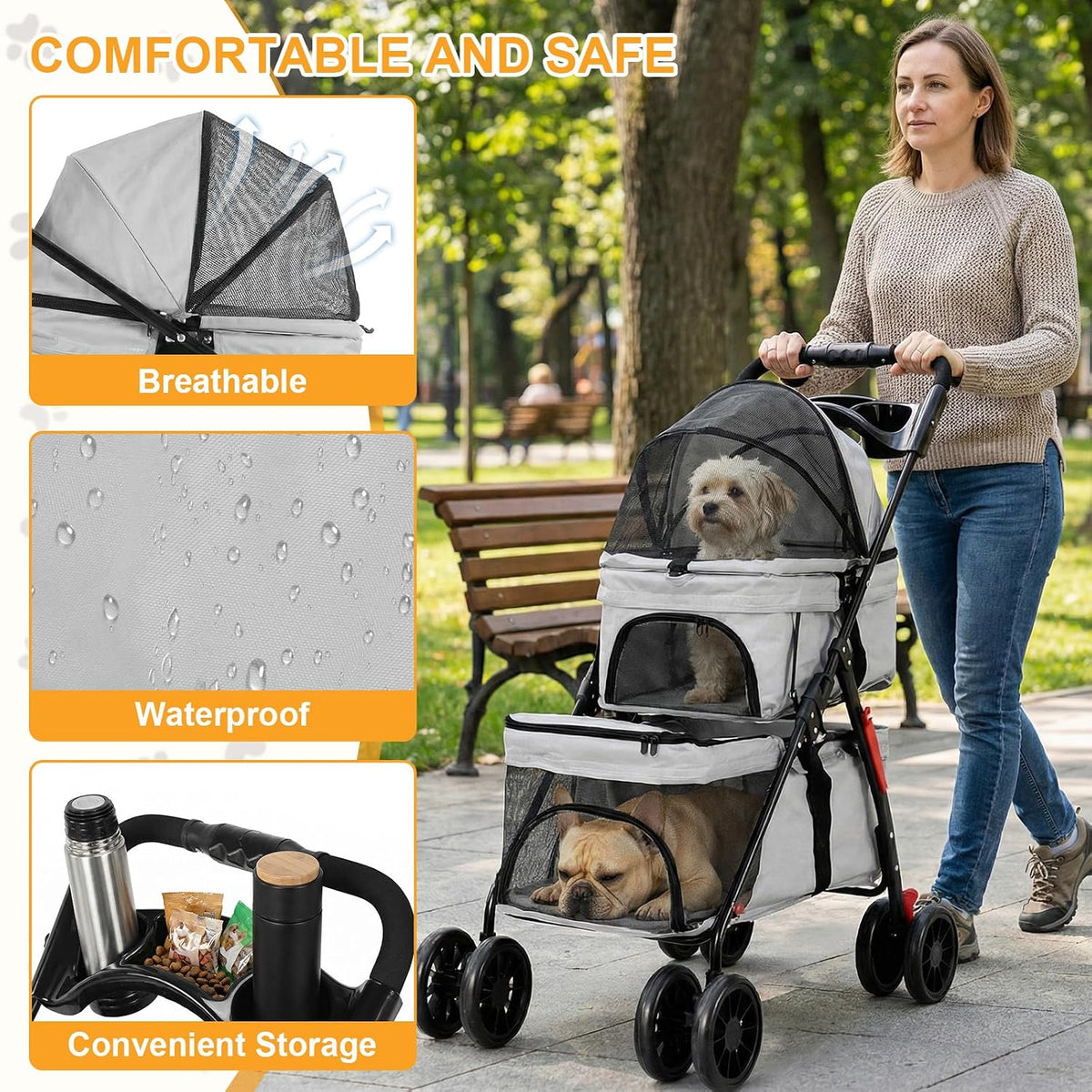 Double Pet Stroller for Cats and Dogs, 2-in-1 Lightweight Foldable Travel Cart with Cup Holder and Foot Brake, Double Do