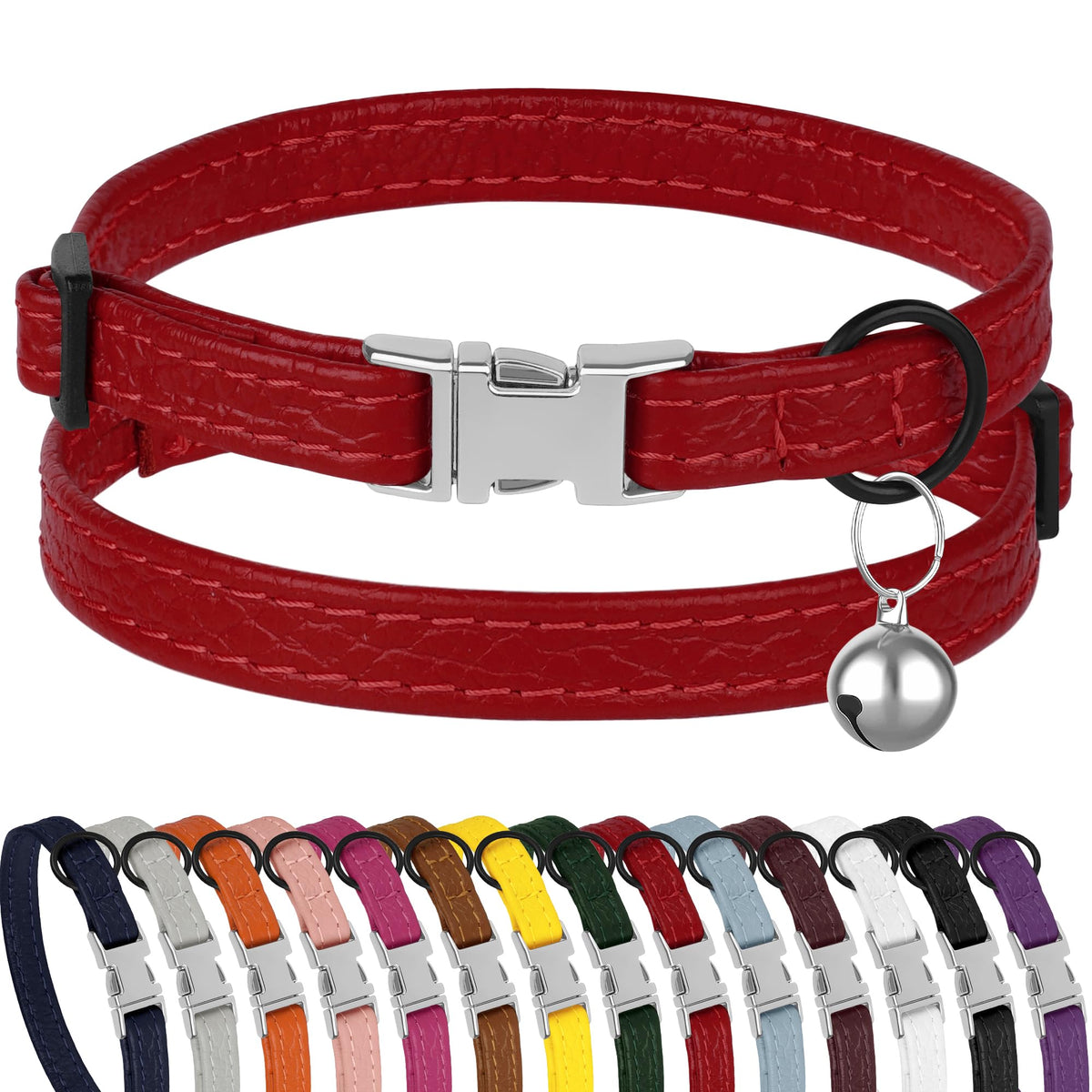 Leather Cat Collar with Buckle and Removable Bell - Non Breakaway Adjustable Soft Safety Small Pet Collars for Girl Boy Cats Kitten (Red)