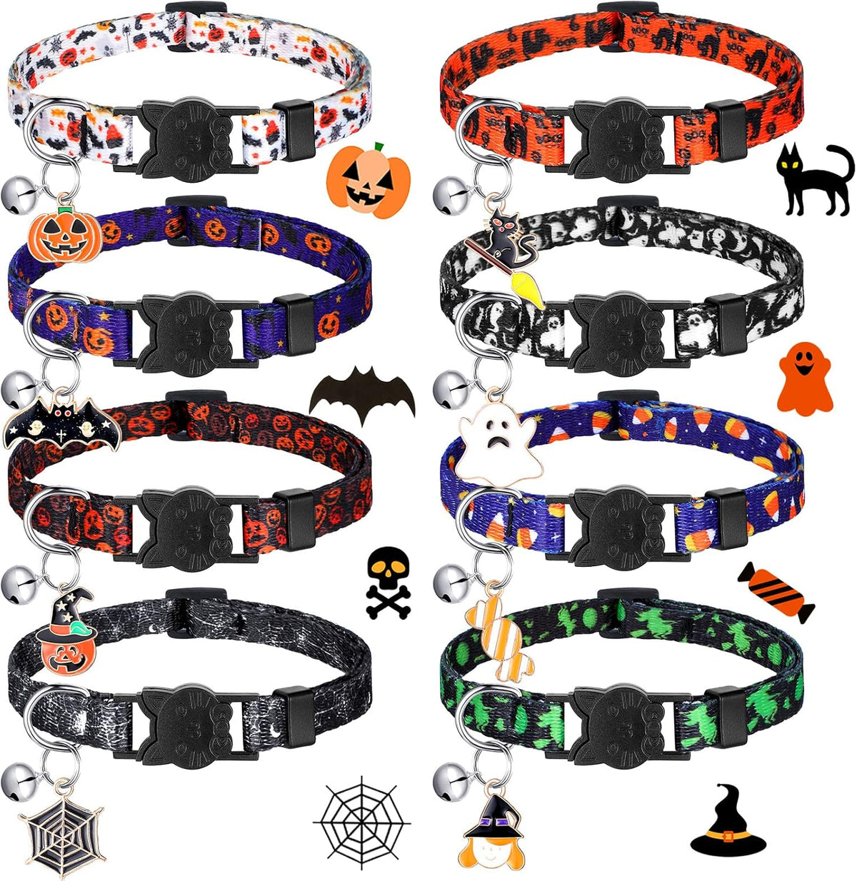 8 Pcs Halloween Cat Collars Breakaway with Bell, Adjustable Buckle