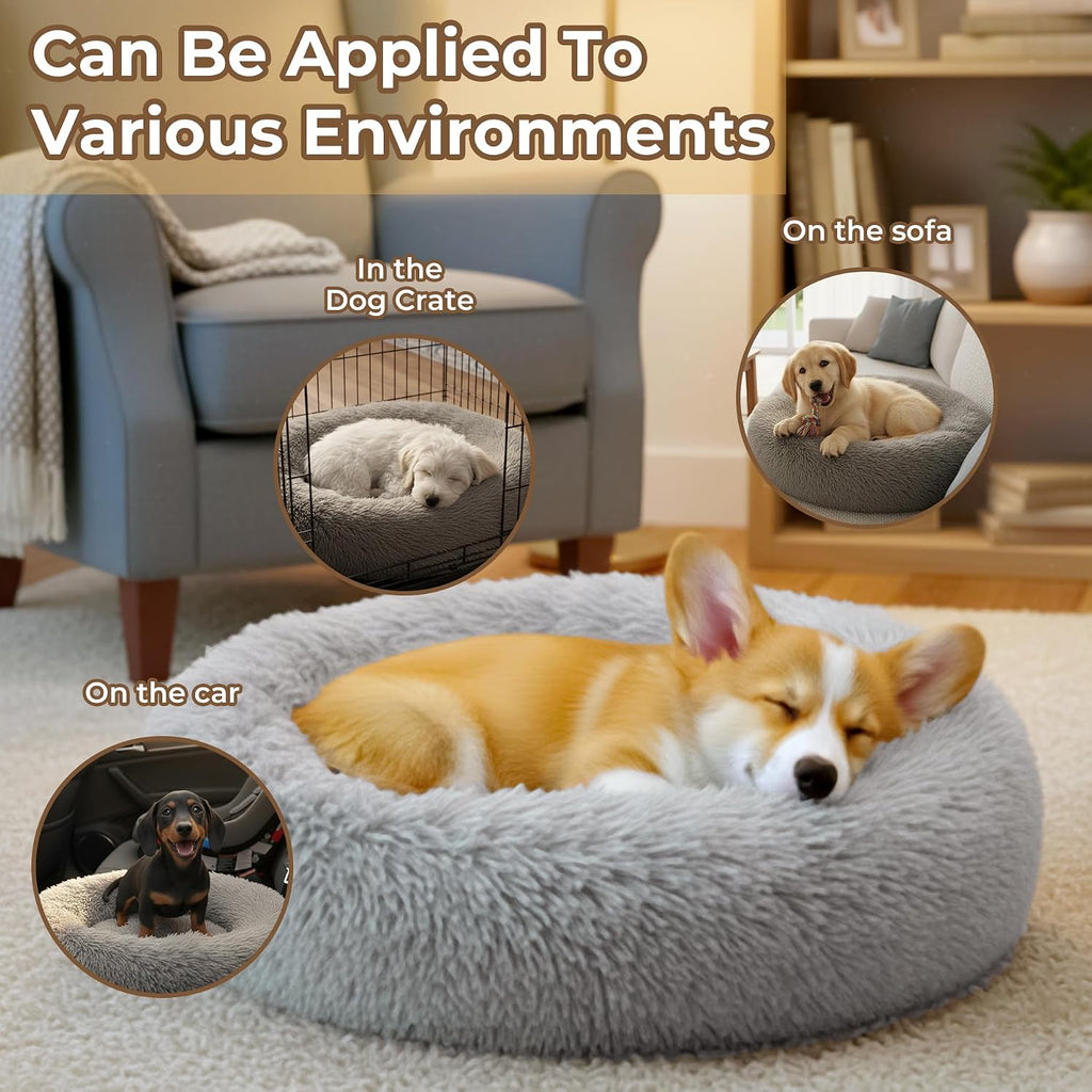 Calming Donut Dog and Cat Bed for Indoor Cats, Anti-Anxiety Round Fluffy Soft Washable Small Pet Bed for Puppy and Kitte