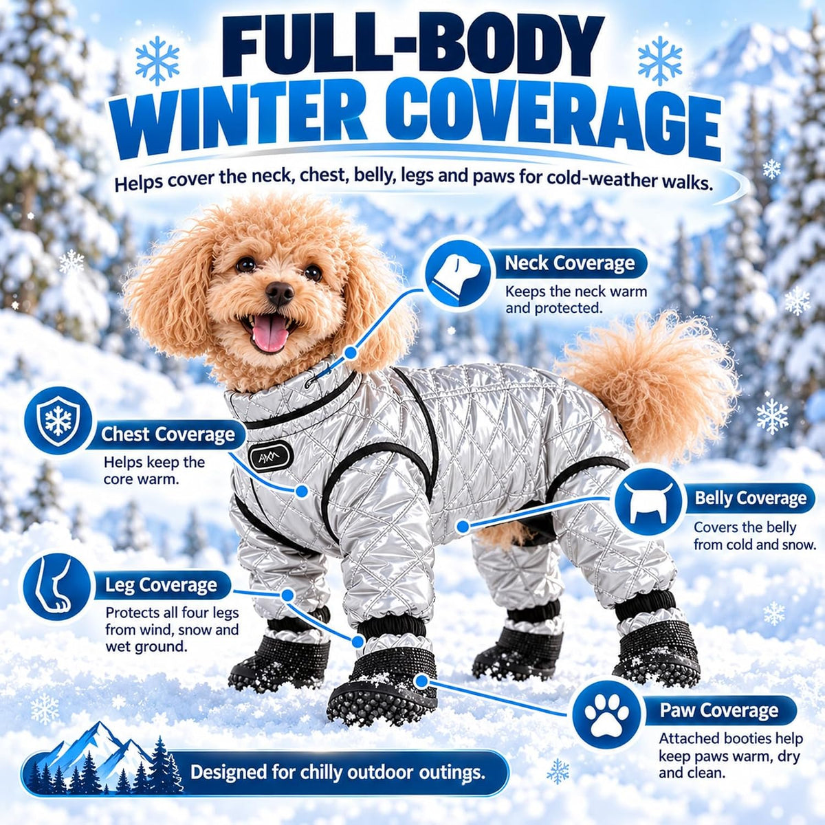 Dog Snowsuit with Attached Boots, Waterproof Winter Full Body Coat，Grey：S