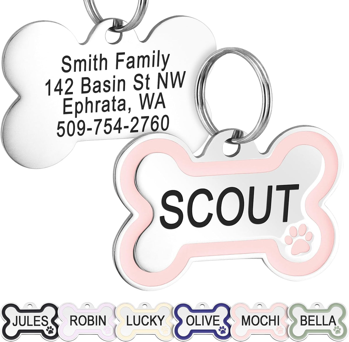 GoTags Stainless Steel Pet ID Tag Bone Round and Heart Shaped Paw Design