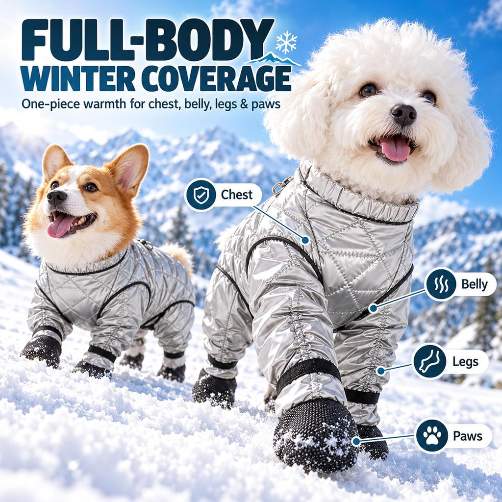 2027 New Dog Snowsuit with Attached Boots Full Body Winter Coat (Silver,Medium)