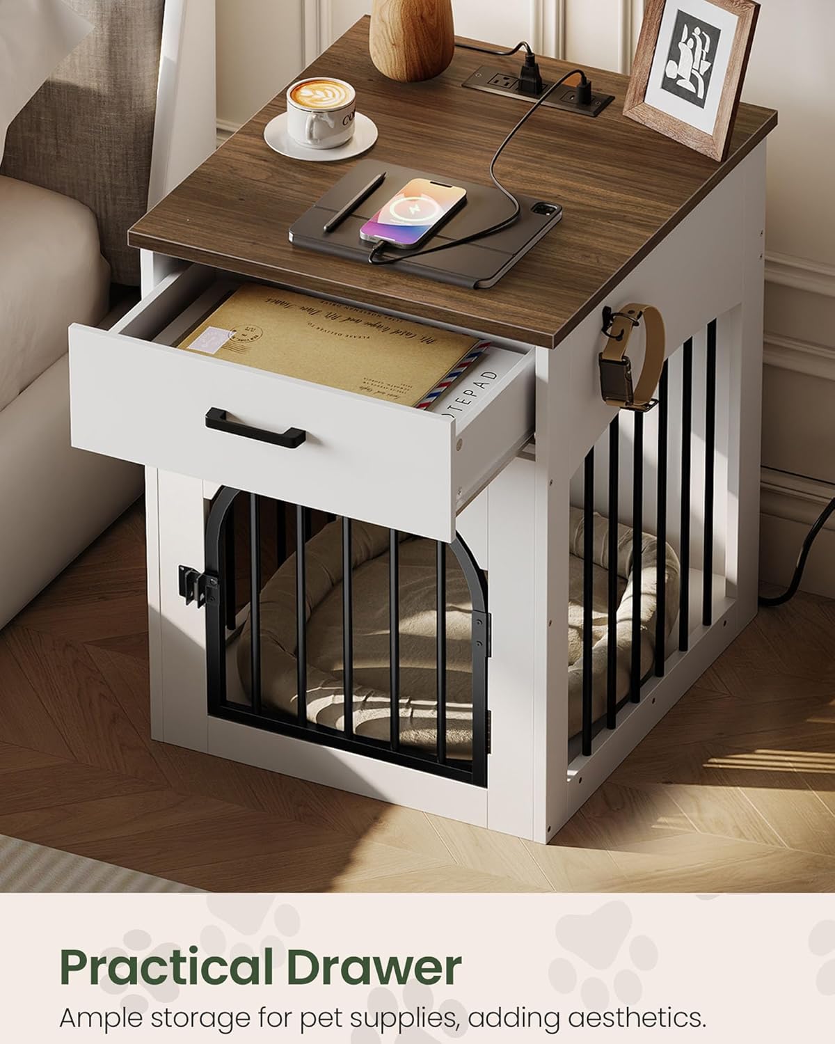 CHOEZON Dog Crate Furniture, Wooden Dog Kennel with Charging Station and Storage Drawer, Indoor Pet Crate End Table for 