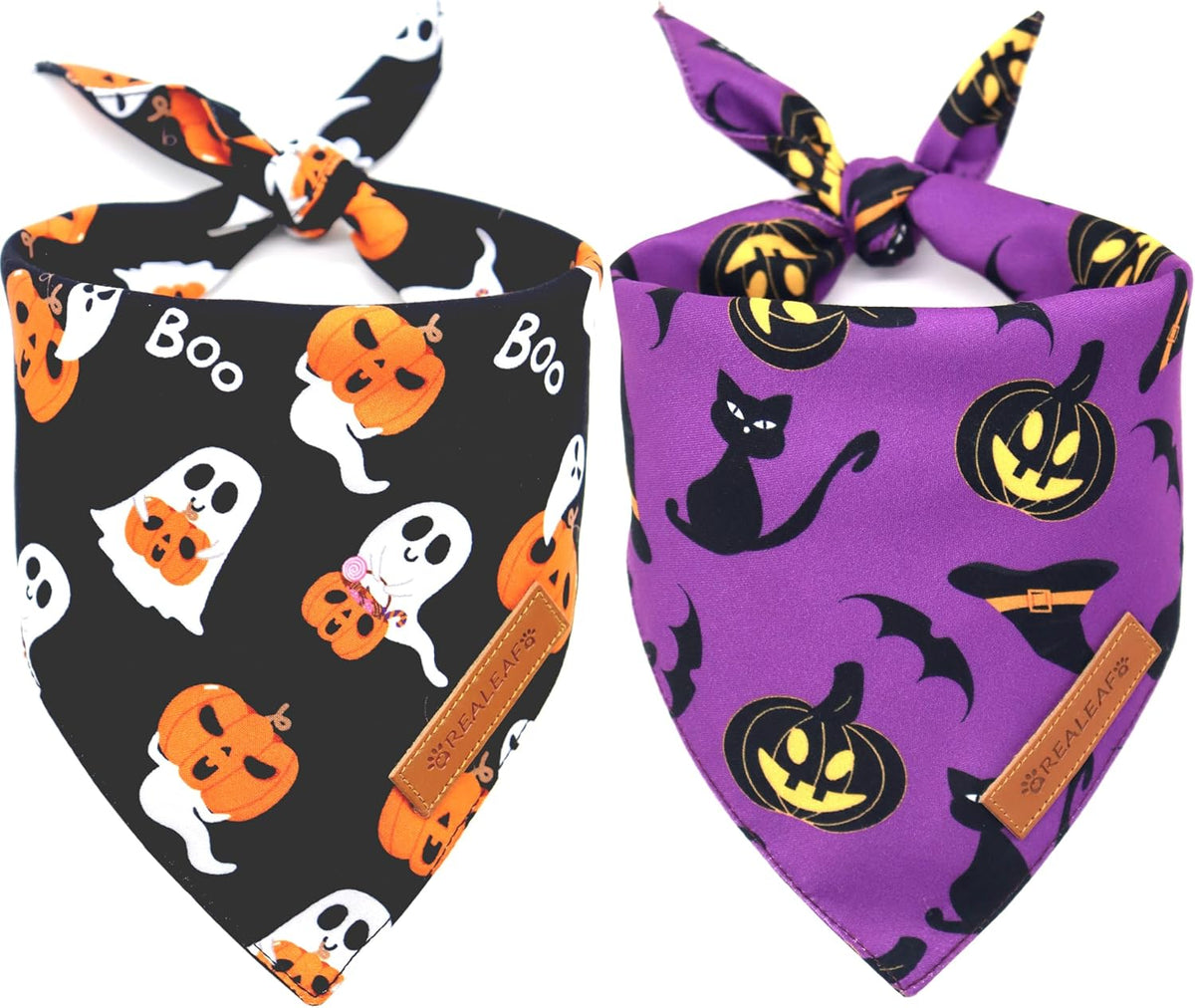 Halloween Dog Bandanas 2 Pack, Reversible Orange Pumpkin Pet Scarf for Boy and Girl, Premium Durable Fabric, Holiday Ban