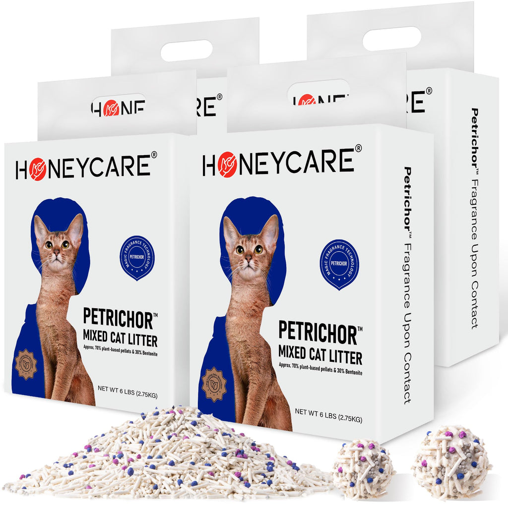 HONEY CARE Petrichor Mix Cat Litter I Tofu Cat Litter I Nature Plant-Based Pellets and Bentonite Sustainable I Low-Dust Qucik Clumping Superior Odor Control, 24-lbs Value Pack (6 lbs x 4)