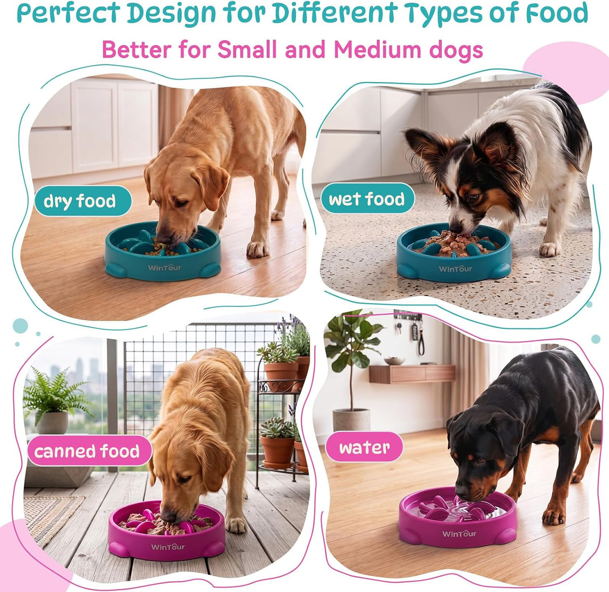 WinTour 2 Pack Slow Feeder Dog Bowls, BPA Free, Medium & Small Dog Bowls