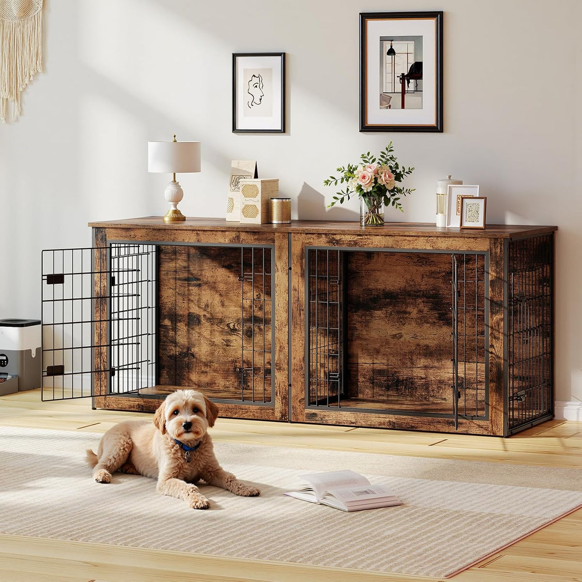 HOOBRO Dog Crate Furniture for 2 Dogs, 63" Large Double Dog Crate Furniture with Divider, Wooden Indoor Kennel TV Stand 