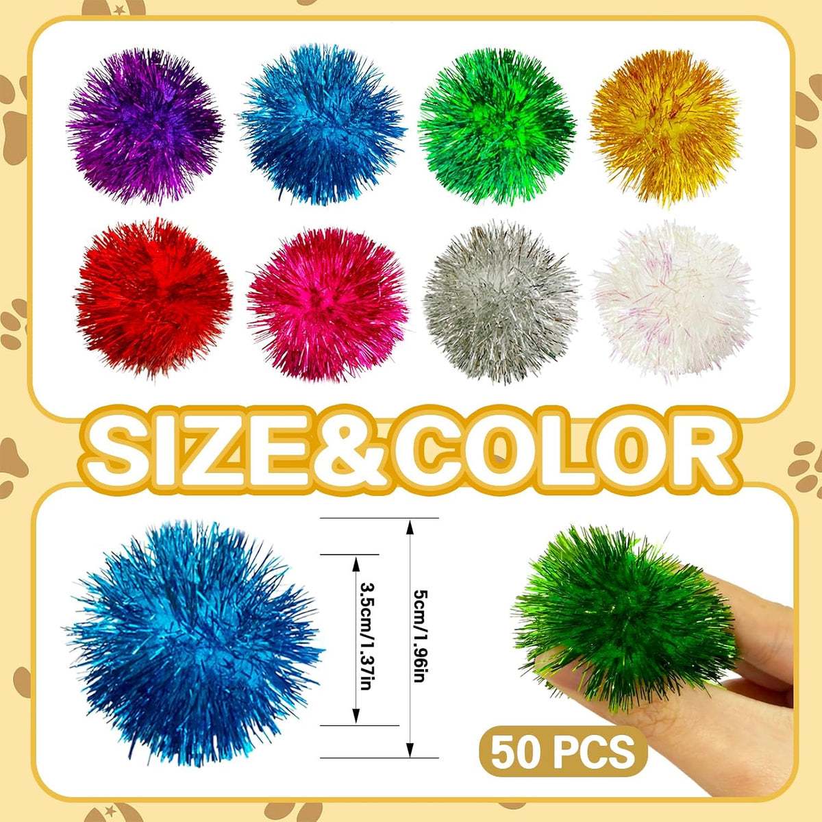 50 Pcs 2 Inch Large Assorted Cat Pom Pom Toy Balls