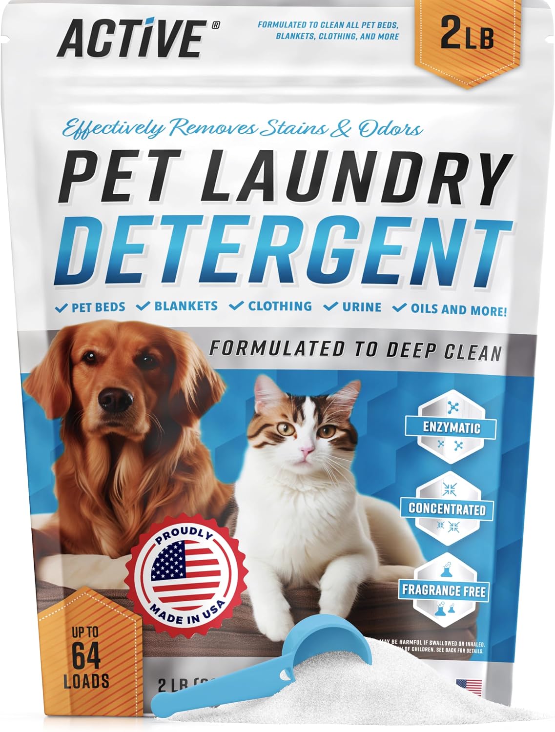 Pet Laundry Detergent Odor Remover - ACTIVE Enzyme Based Powder Detergent for Dogs Beds, Cat Pee, HE Washer Friendly Nat