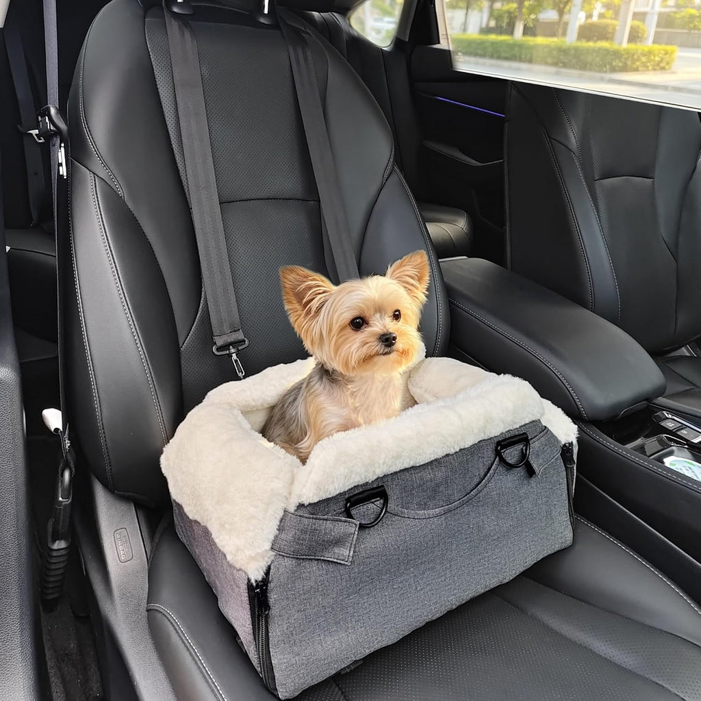 Dog Car Seat for Center Console, Foldable Pet Car Seat for Small Dogs Cats up to 10 lbs, Ultra-Soft Faux Rabbit Fur Pupp