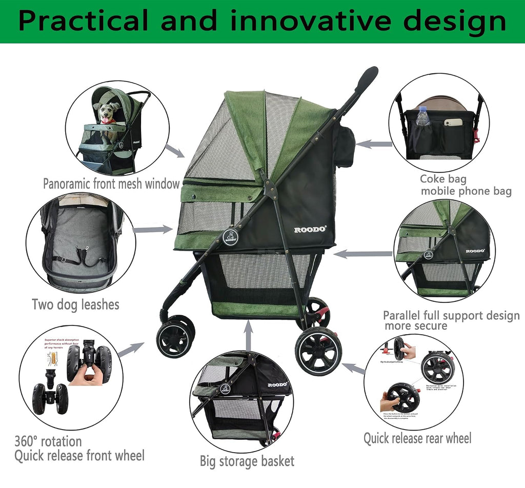 ROODO 3 Wheel Pet Stroller Best Lightweight Foldable Compact Portable Jogger All Terrain Travel Pet Gear Puppy Kitty Str