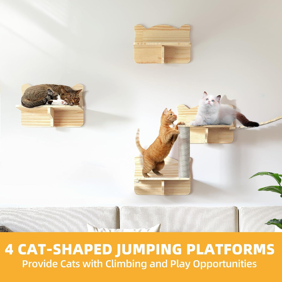 Cat Wall Shelves, 9-in-1 Wood Cat Wall Furniture Set, Burlywood
