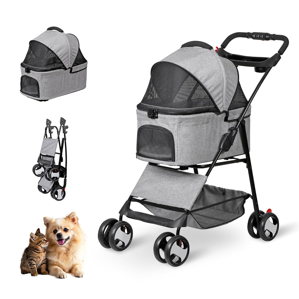 4 Wheels Pet Stroller Dog Cat Stroller for Small Medium Dog Cats Foldable Carrier Jogger Travel Puppy with Storage Baske