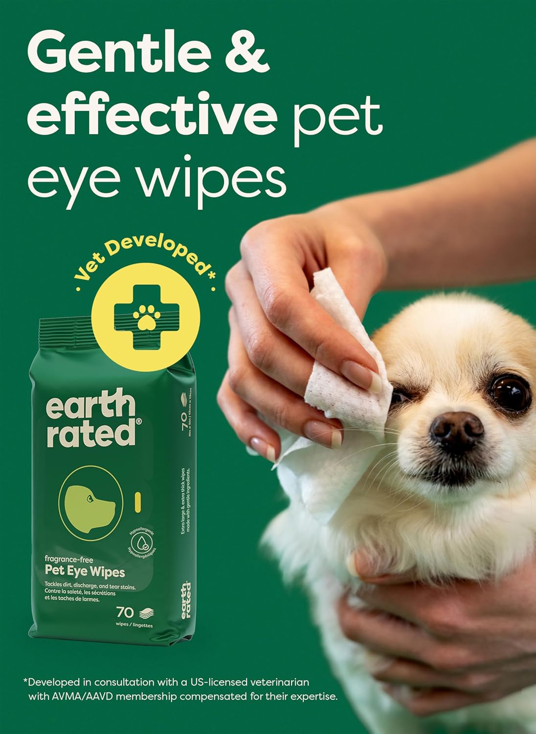 Earth Rated Dog Eye Wipes, Vet Developed, Unscented, Removes Dirt, 70ct