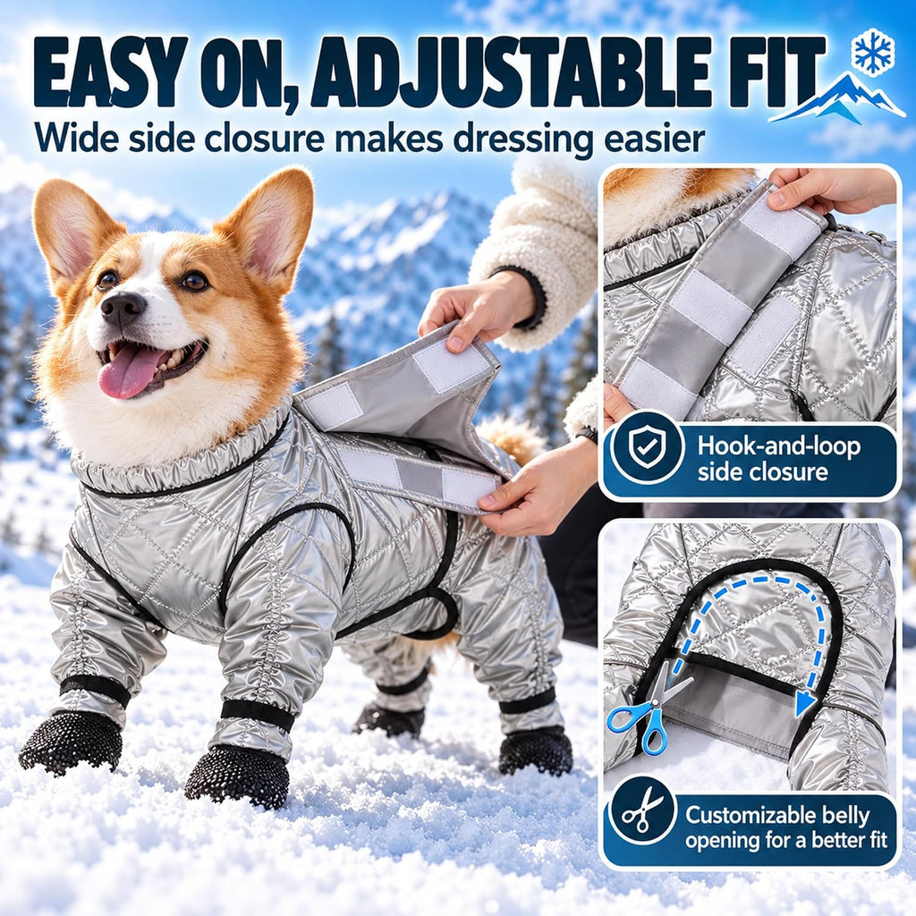 2027 New Dog Snowsuit with Attached Boots Full Body Winter Coat (Silver,Medium)