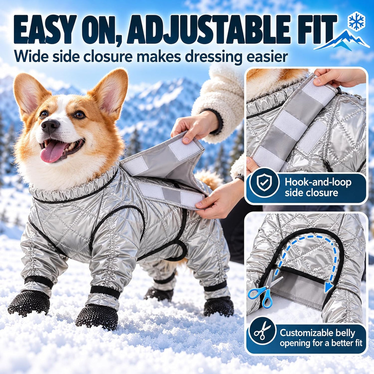2027 New Dog Snowsuit with Attached Boots Full Body Winter Coat (Silver,Medium)