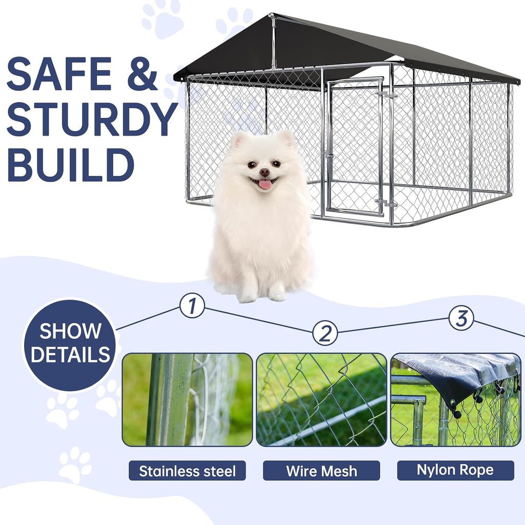 Petony Large Outdoor Dog Enclosure,Heavy Duty Dog Kennel with Roof,Galvanized Steel Dog Cage Fence with Double Safety Lo