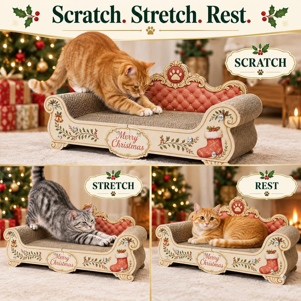 Sofa Shaped Cat Scratching Couch, Christmas Theme Thick Scratching Cardboard, Lounge Bed for Indoor Cat Rest&Play,Cat So