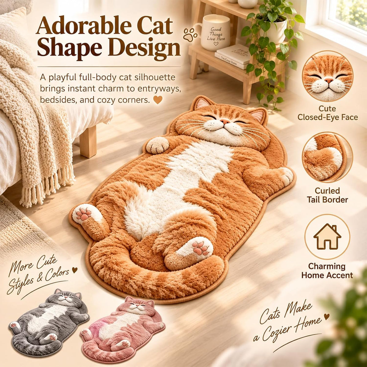 Cozy Sleeping Cat Floor Rug Plush Door Mat，#D：60 * 90cm