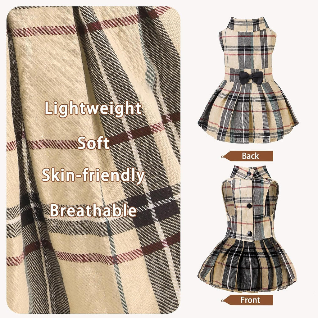PUPTECK Classic Beige Plaid Dog Dress with Bow Puppy Skirt Clothes S