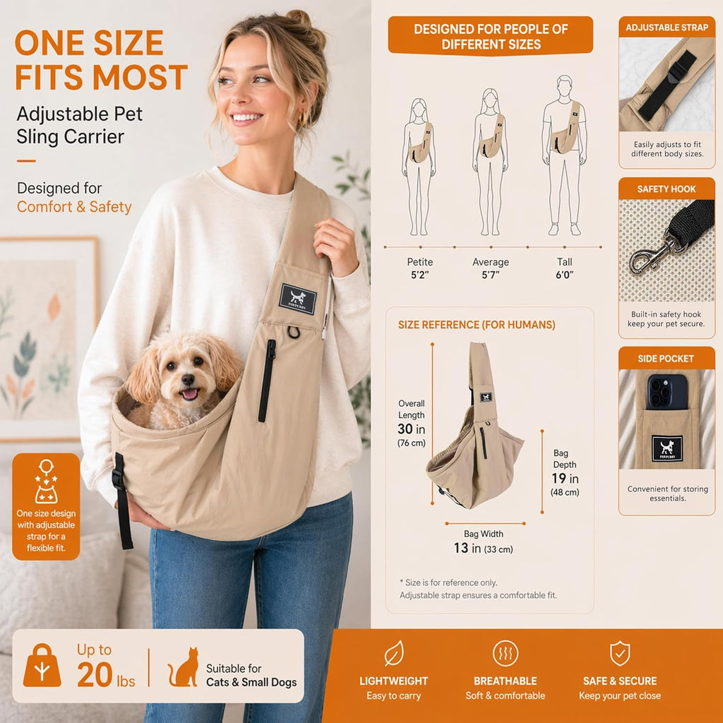 Dog Sling Carrier for Small Dogs & Cats 5-20 lbs, Adjustable Depth