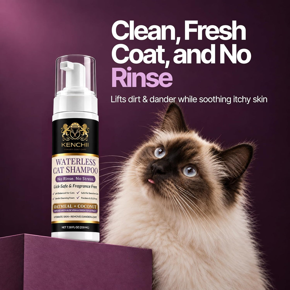 Kenchii Waterless Cat Shampoo - No Rinse Cleansing Foam, Gentle & Lick-Safe