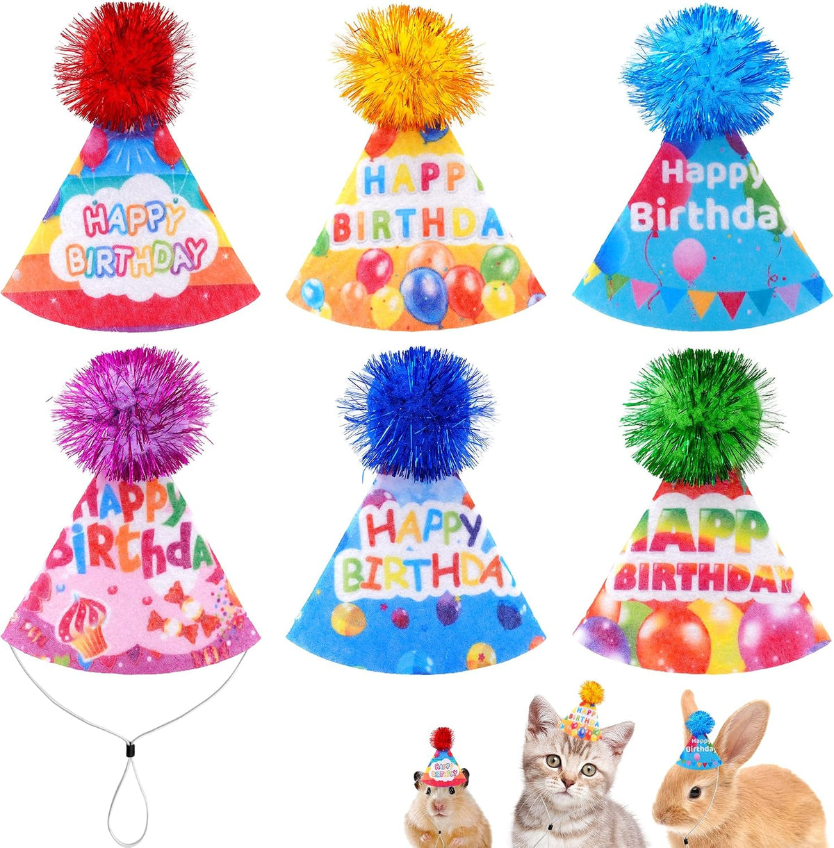 6PCS Dog Birthday Party Hats Felt for Small Medium Dogs Paw Bone