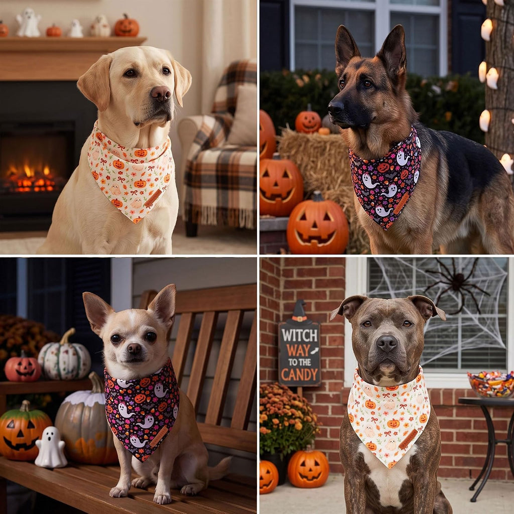 Halloween Floral Dog Bandanas, Ghost Pumpkin Fall Dog Scarf, L