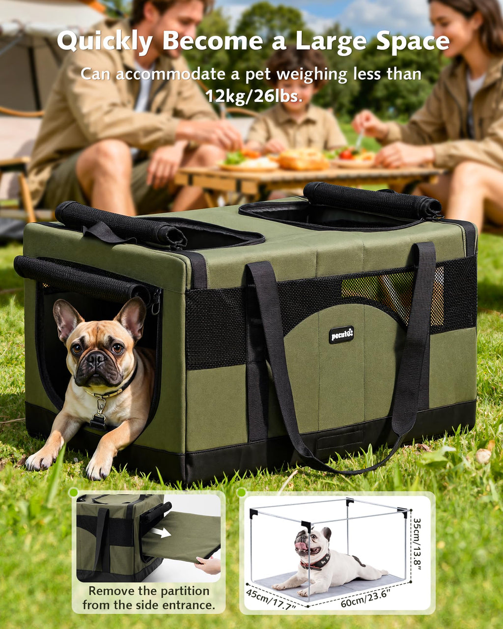 Pecute Large Cat Carrier, Soft Double Pet Crate for 2 Cats Travel, Green