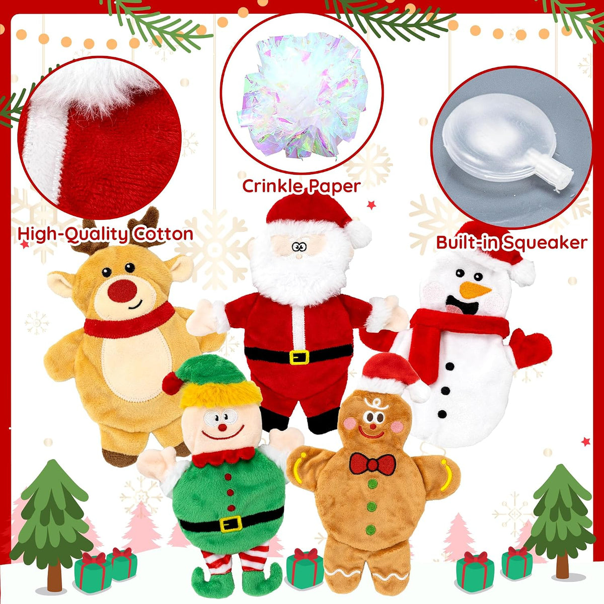 5 Pack Christmas Dog Toys for Small Medium Dogs, No Stuffing Plush Squeaky Dog Toys with Crinkle Paper, Holiday Santa Re