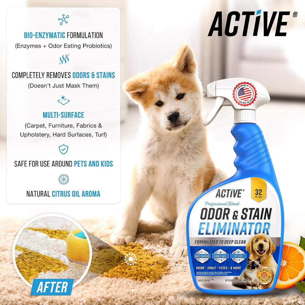 Pet Odor and Stain Eliminator - 32 oz ACTIVE Enzyme Cleaner for Dog & Cat Urine, Stain Remover Spray for Carpet, Upholst