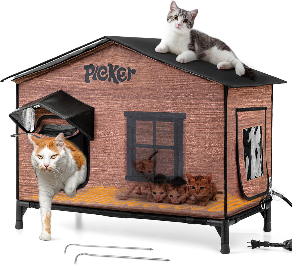 Heated Cat House for Outside: 31.5" XXL 100% Waterproof & Insulated Outdoor Cat House for Winter, Weatherproof Elevated 