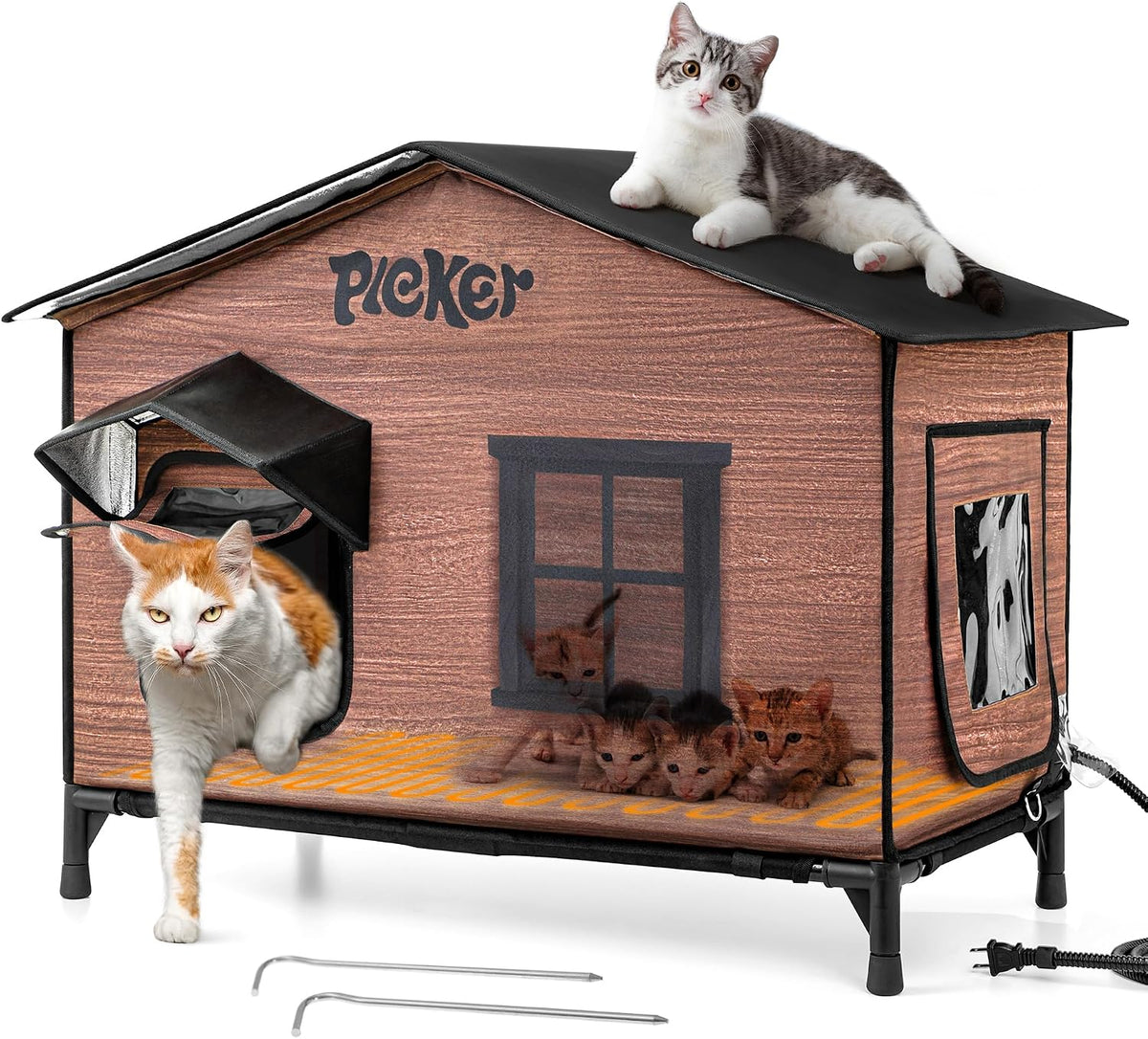 Heated Cat House for Outside: 31.5" XXL 100% Waterproof & Insulated Outdoor Cat House for Winter, Weatherproof Elevated 