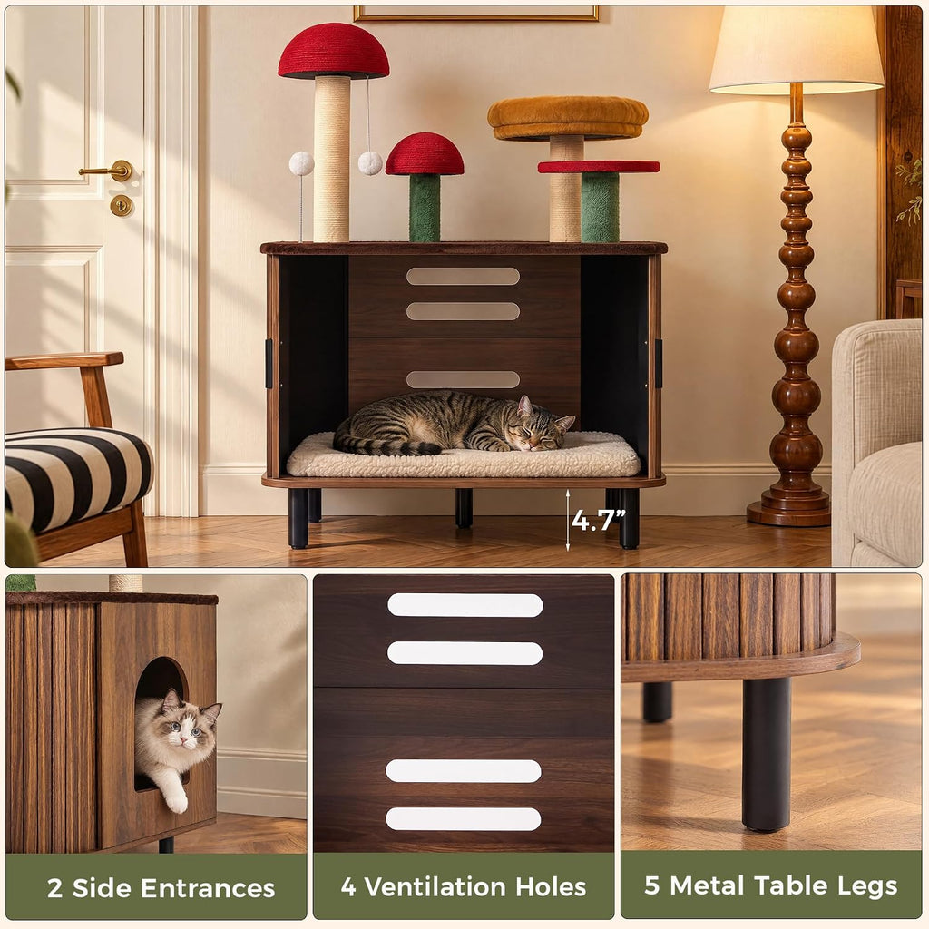 IRONCK Cat Litter Box Enclosure with Mushroom Cat Tree