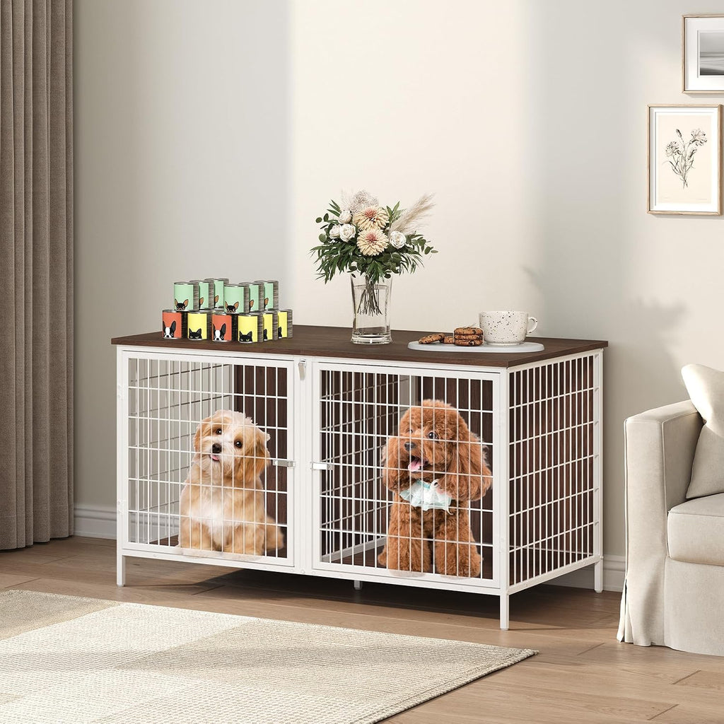 MAHANCRIS Dog Crate Furniture for 2 Dogs, 43.3" Dog Kennel with Removable Divider, Heavy Sturdy Dog Furniture Style Doub