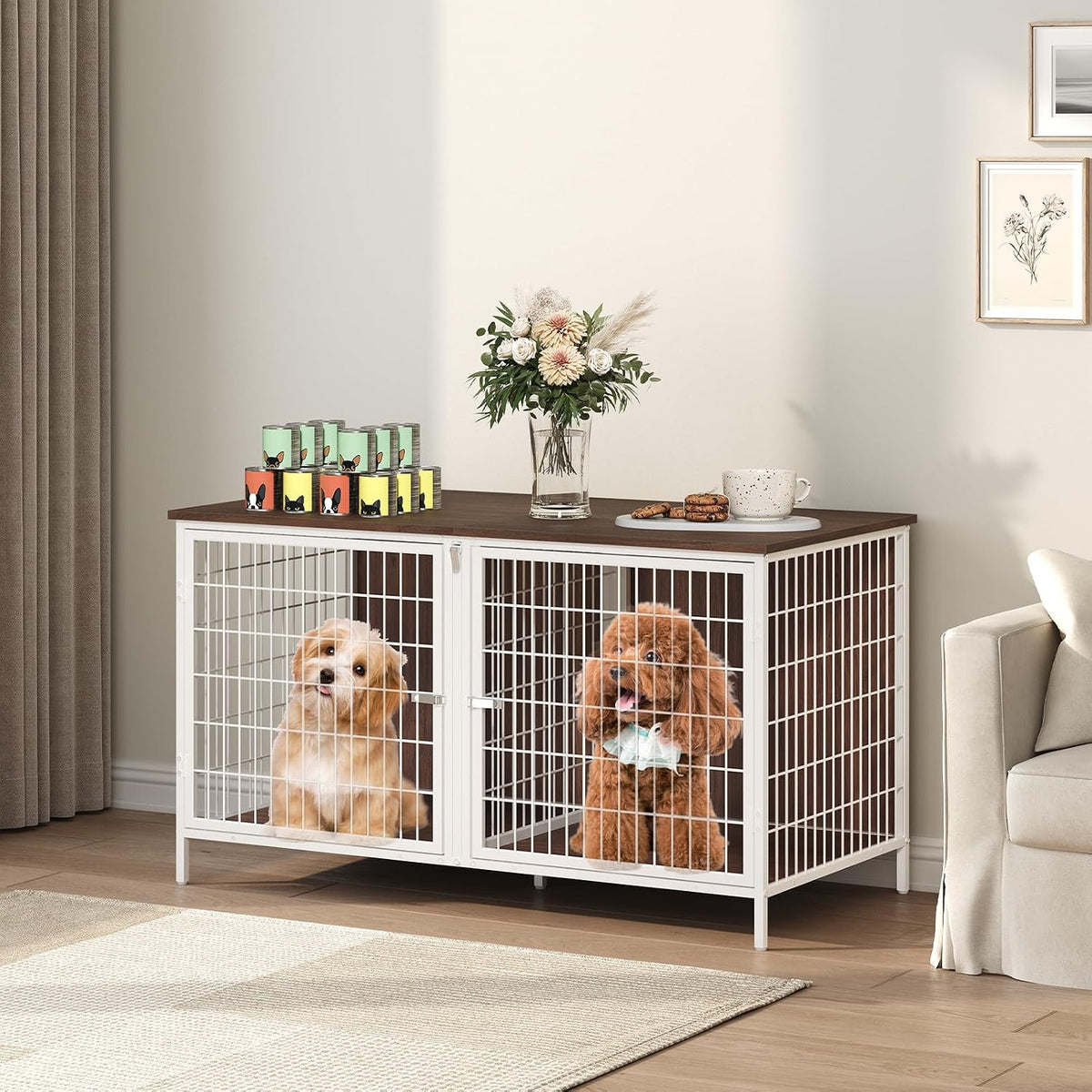 MAHANCRIS Dog Crate Furniture for 2 Dogs, 43.3" Dog Kennel with Removable Divider, Heavy Sturdy Dog Furniture Style Doub