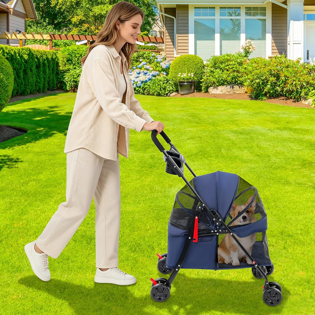 Foldable Pet Cart, Lightweight Travel Pet Stroller with 360°Wheels(Blue)