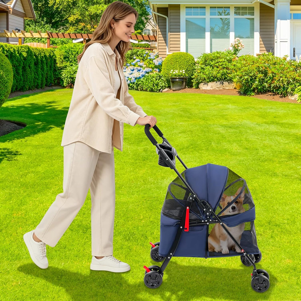 Foldable Pet Cart, Lightweight Travel Pet Stroller with 360°Wheels(Blue)