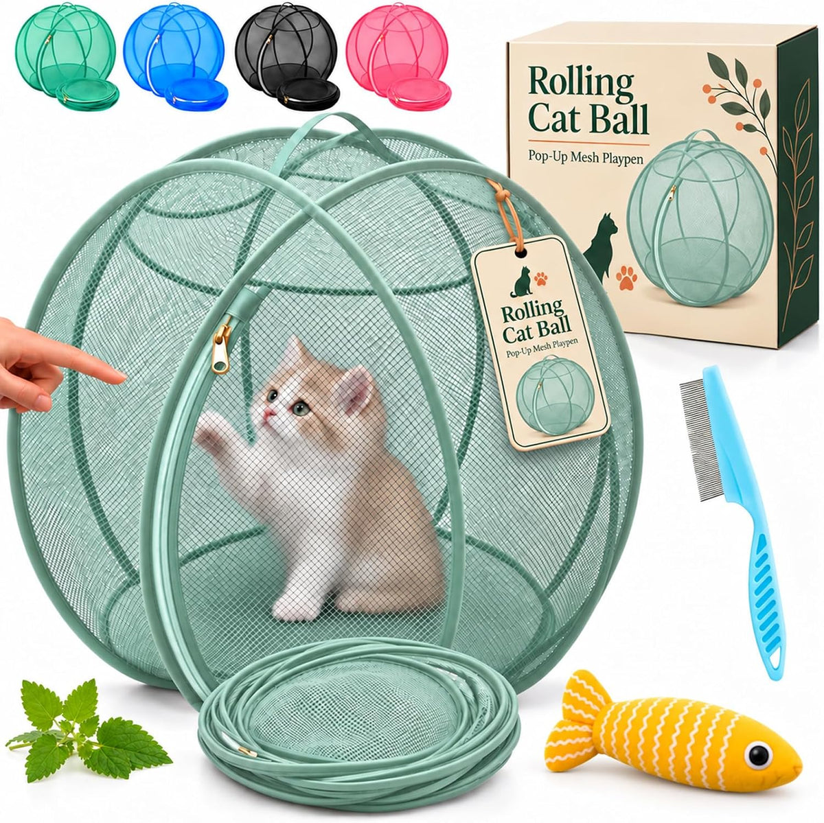 360° Panoramic Pop-Up Rolling Cat Playpen Ball, 27" Hamster Ball for Cats