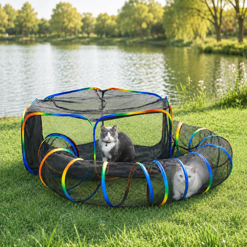 Portable Cat Enclosure with Tent & Tunnel, Rainbow Color
