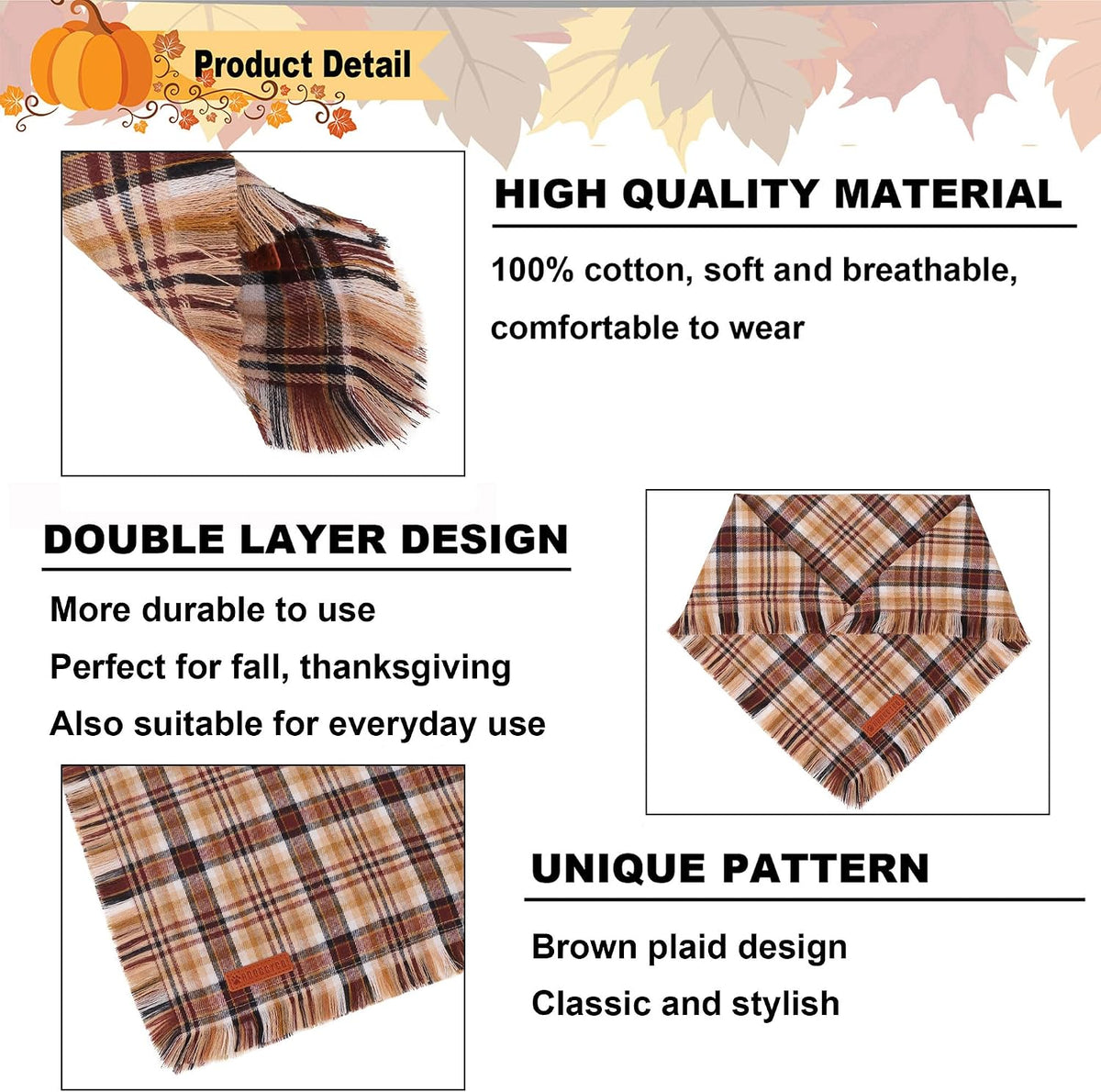 Brown Plaid Fall Dog Bandana, Fringed Thanksgiving Dog Scarf, L