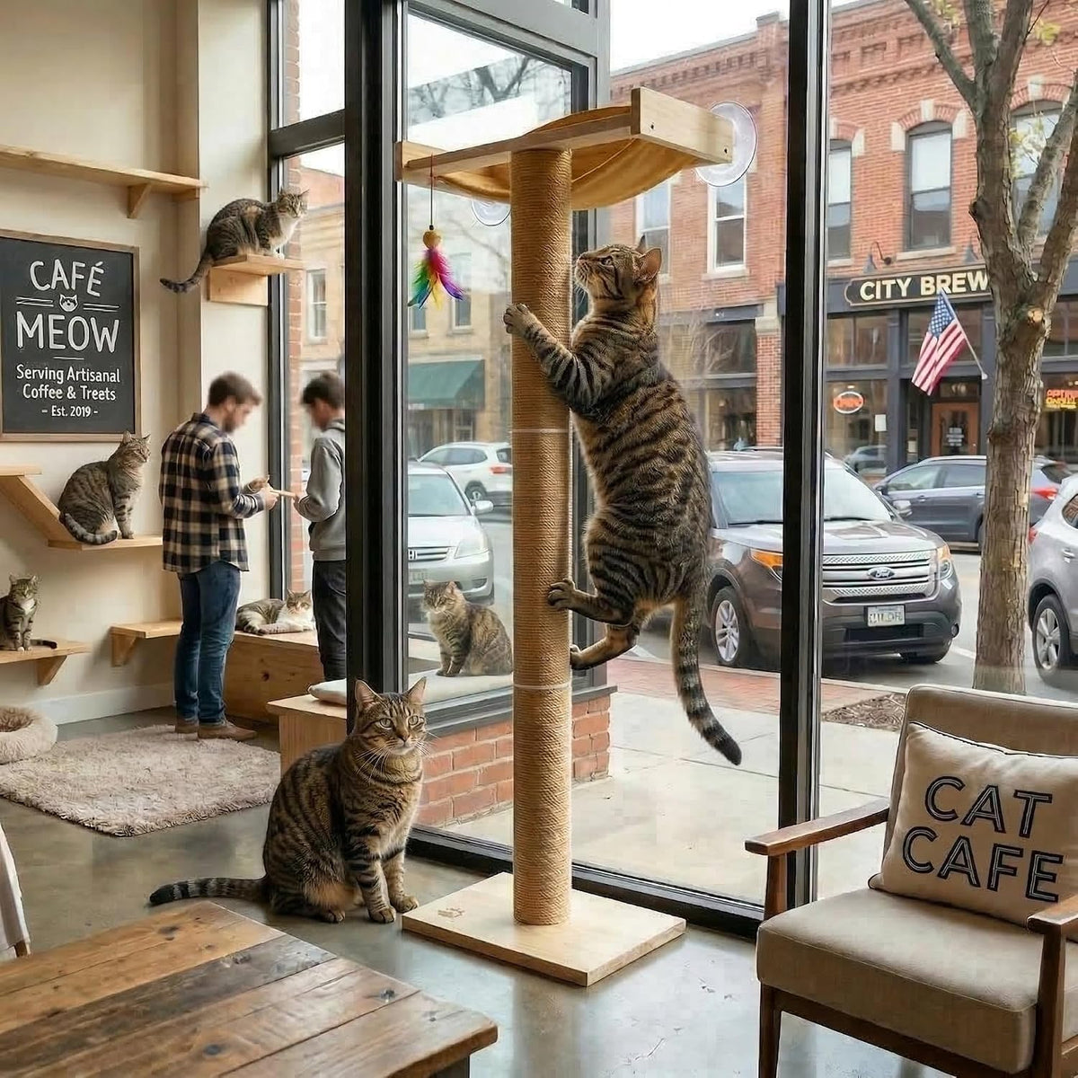 Cat Window Perch with Scratching Post, 46-Inch Tall Climbing Tree & Hammock